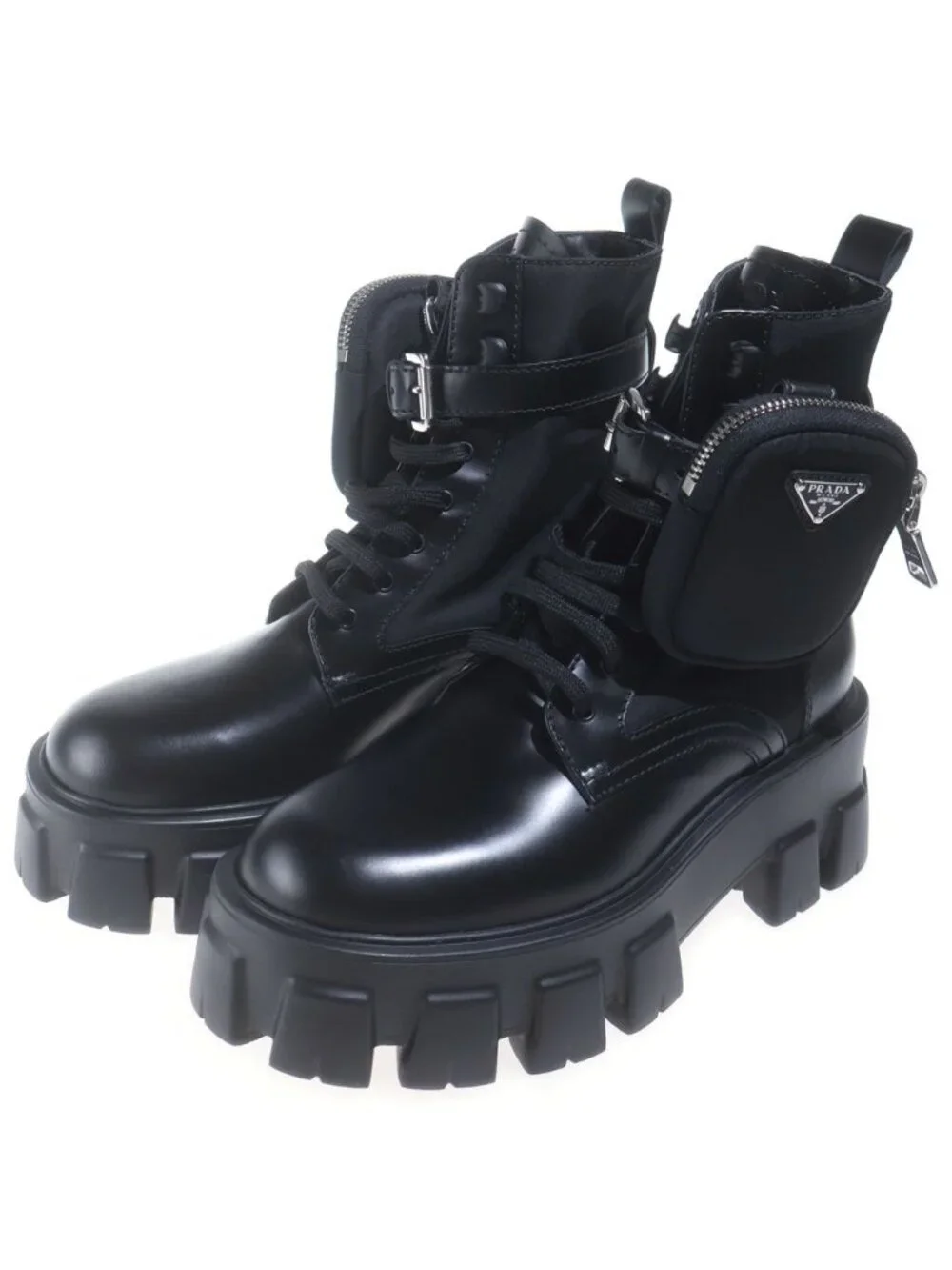 Prada Leather Short Boots with Monolith Pouch Shoes Re-Nylon Triangle Logo Black